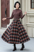 Plaid Wool Midi Skirt - A-Line Silhouette with Belt Waist 5355