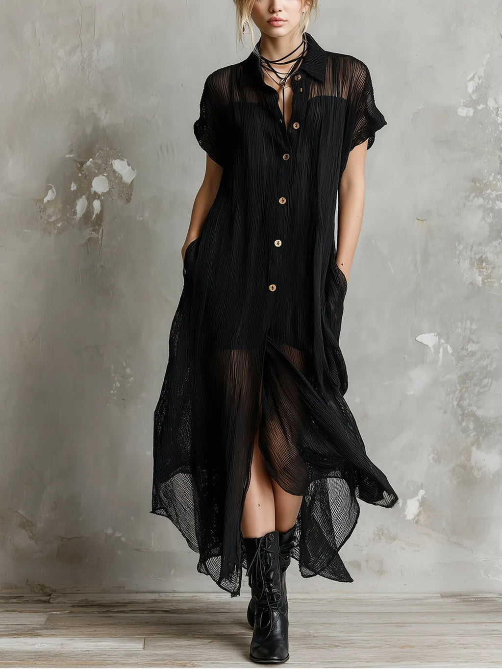 Stylish black short-sleeved loose single-breasted dress with slip dress