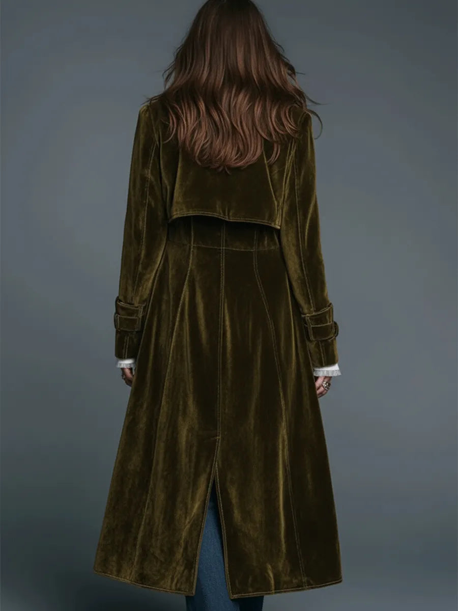 Boho Luxe Olive Velvet Leopard Lapel Long Coat