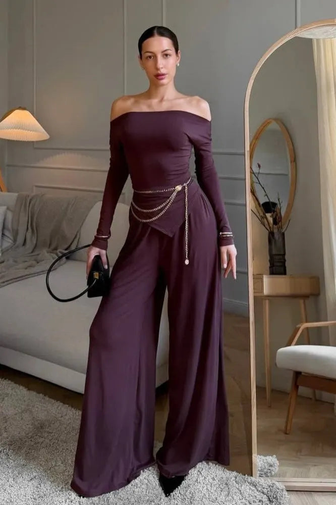 Off Shoulder Knit Top Wide Leg Pants Set