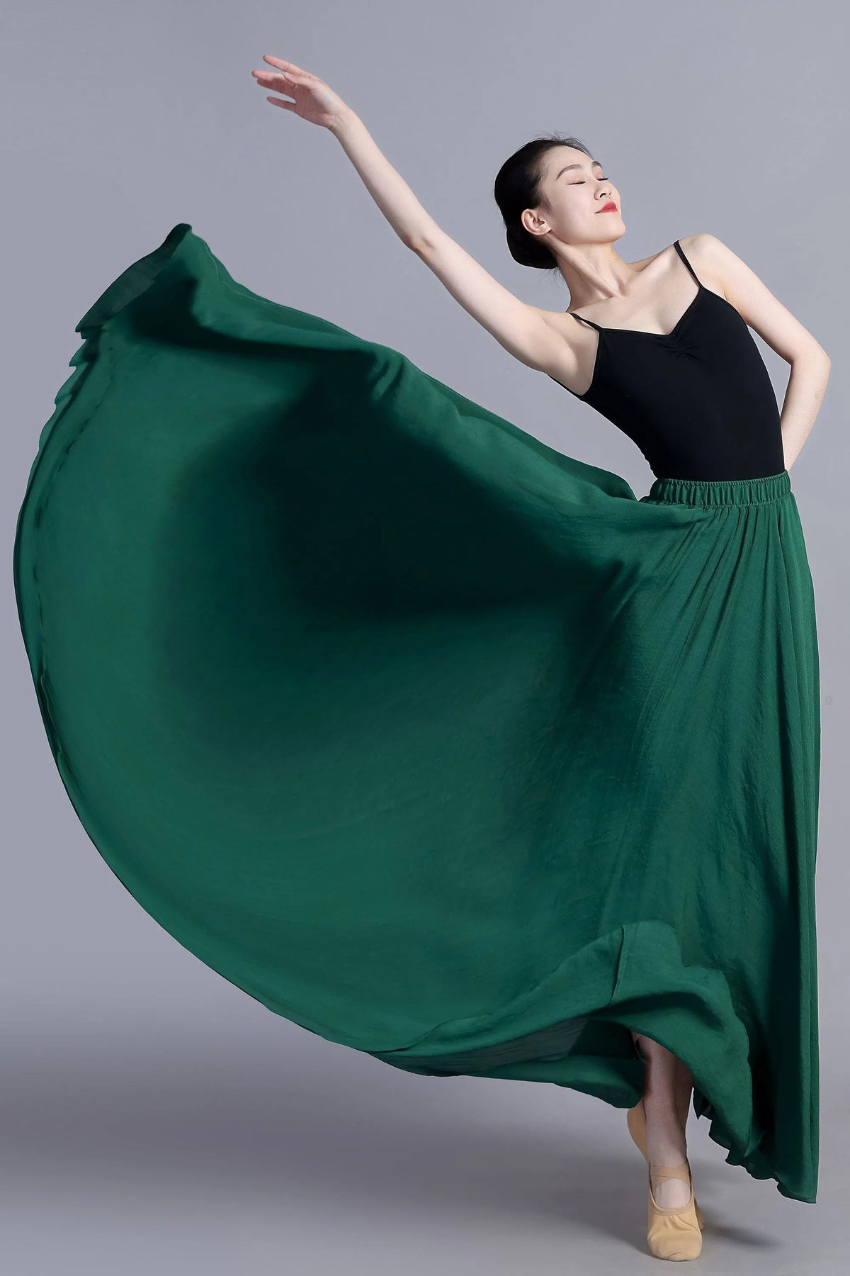 Green Linen Cotton Maxi Circle Skirt - Elastic Waist Boho 