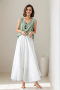 White Linen Maxi Swing Skirt, Pleated Elastic Waist 