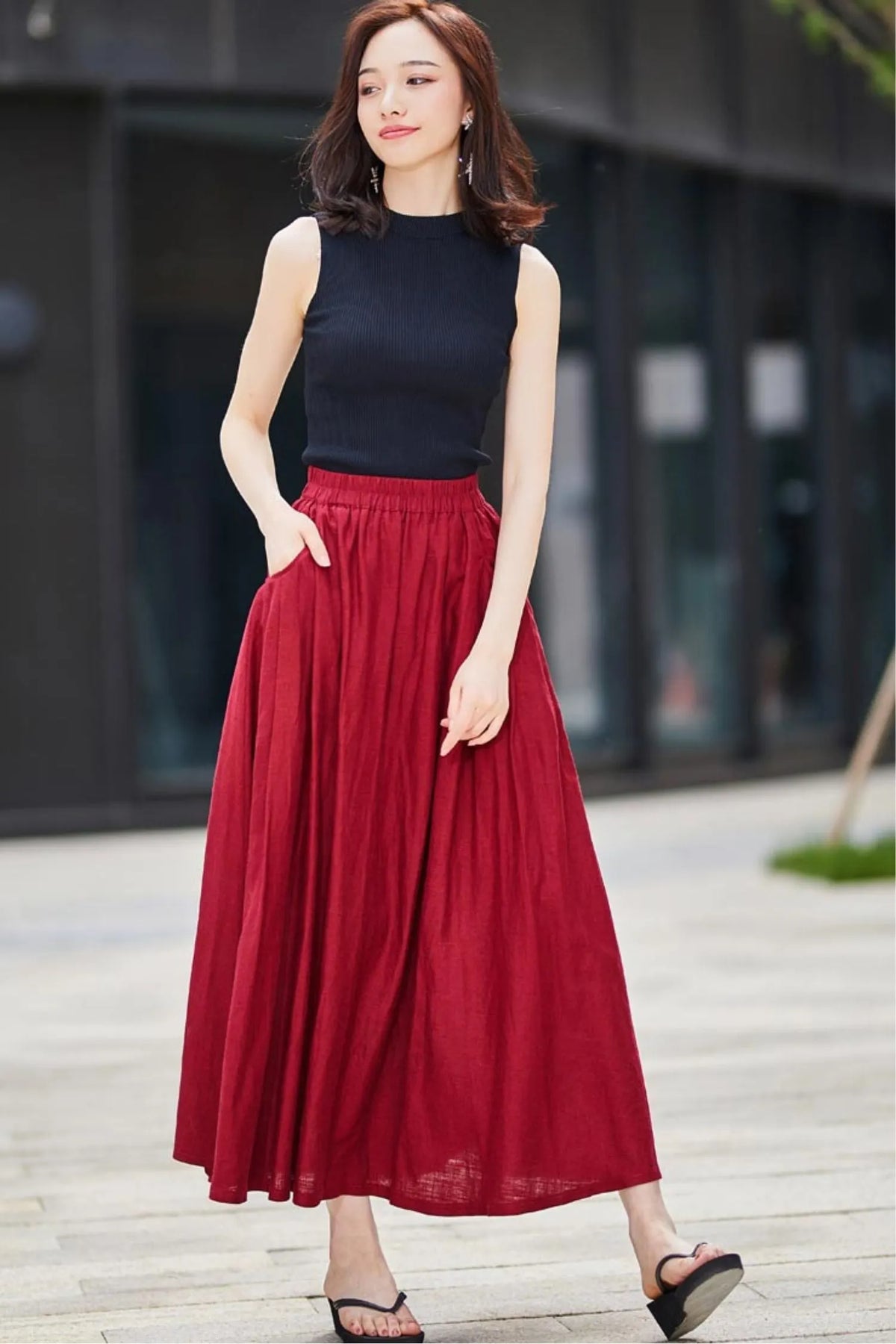 Red Linen Cotton Maxi Skirt - Pleated Pockets Flared 