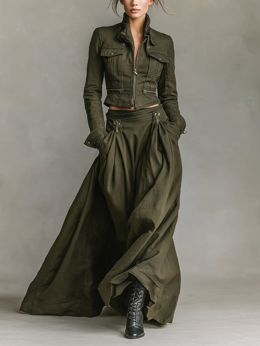 Women's Green Edgy 100% Cotton Zip - Front Cropped Jacket And Maxi Skirt Set 