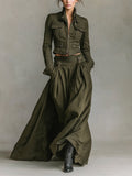 Women's Green Edgy 100% Cotton Zip - Front Cropped Jacket And Maxi Skirt Set 