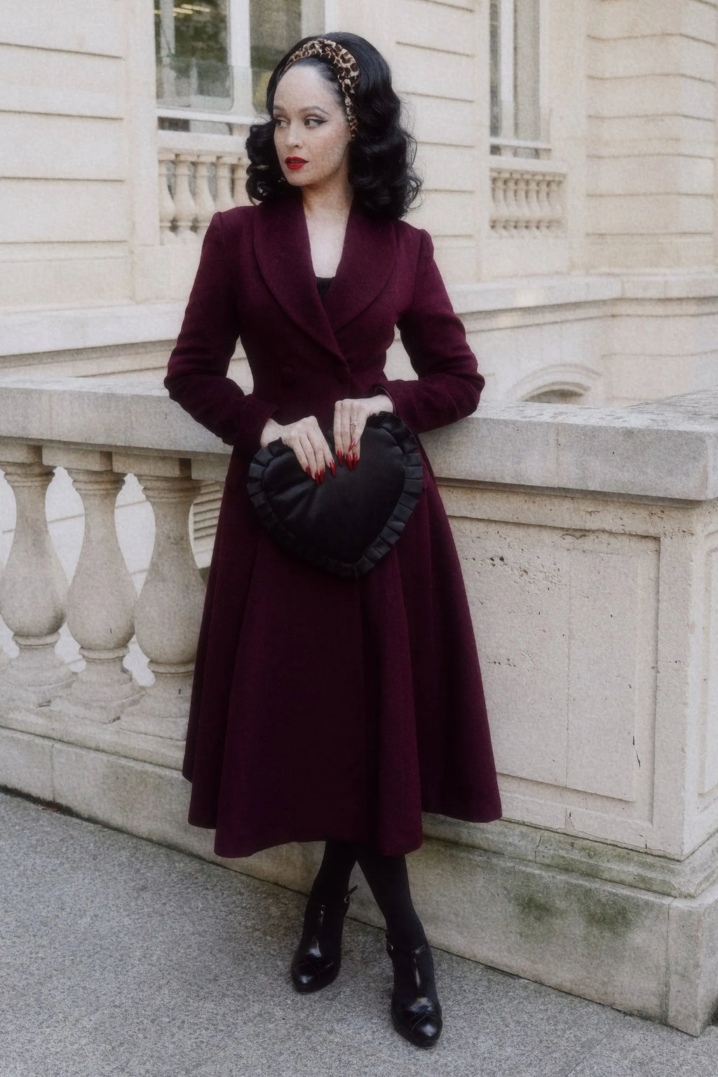 Handmade Burgundy Wool Swing Coat – Vintage Fit and Flare Double-Breasted Overcoat 