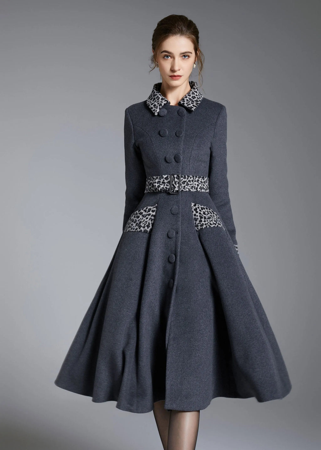 Gray Wool Midi Swing Coat - Leopard Trim & Belted Fit and Flare 3872