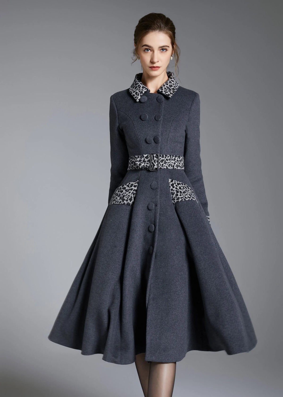 Gray Wool Midi Swing Coat - Leopard Trim & Belted Fit and Flare 3872