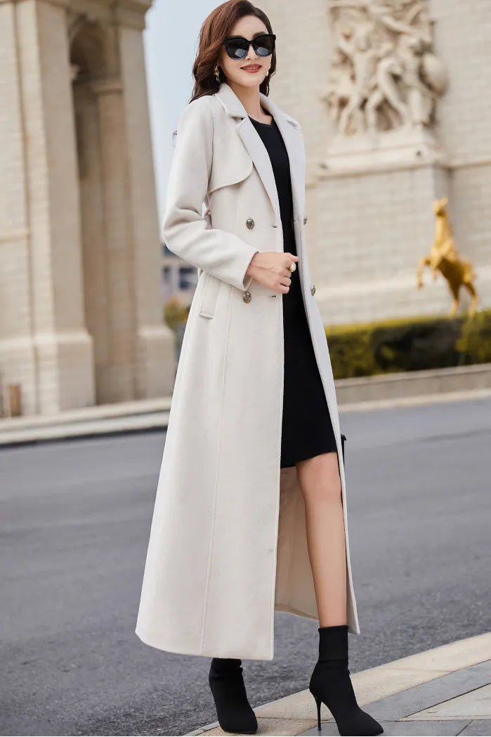 Beige Wool Coat – Handmade Long Double Breasted Belted Winter Overcoat for Women 3978