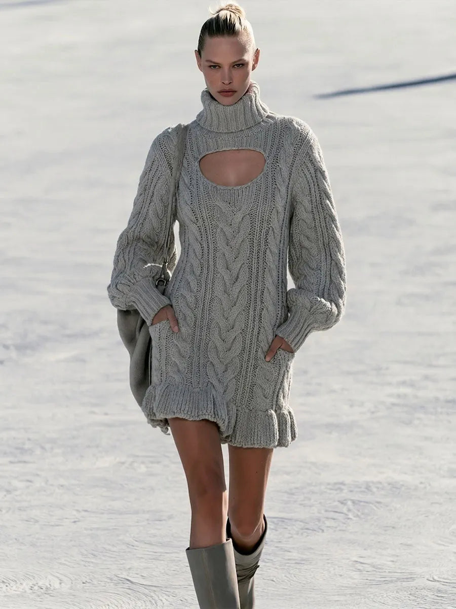 Retro Chic Gray Turtleneck Openwork Cable Knit Ruffle Mini Dress