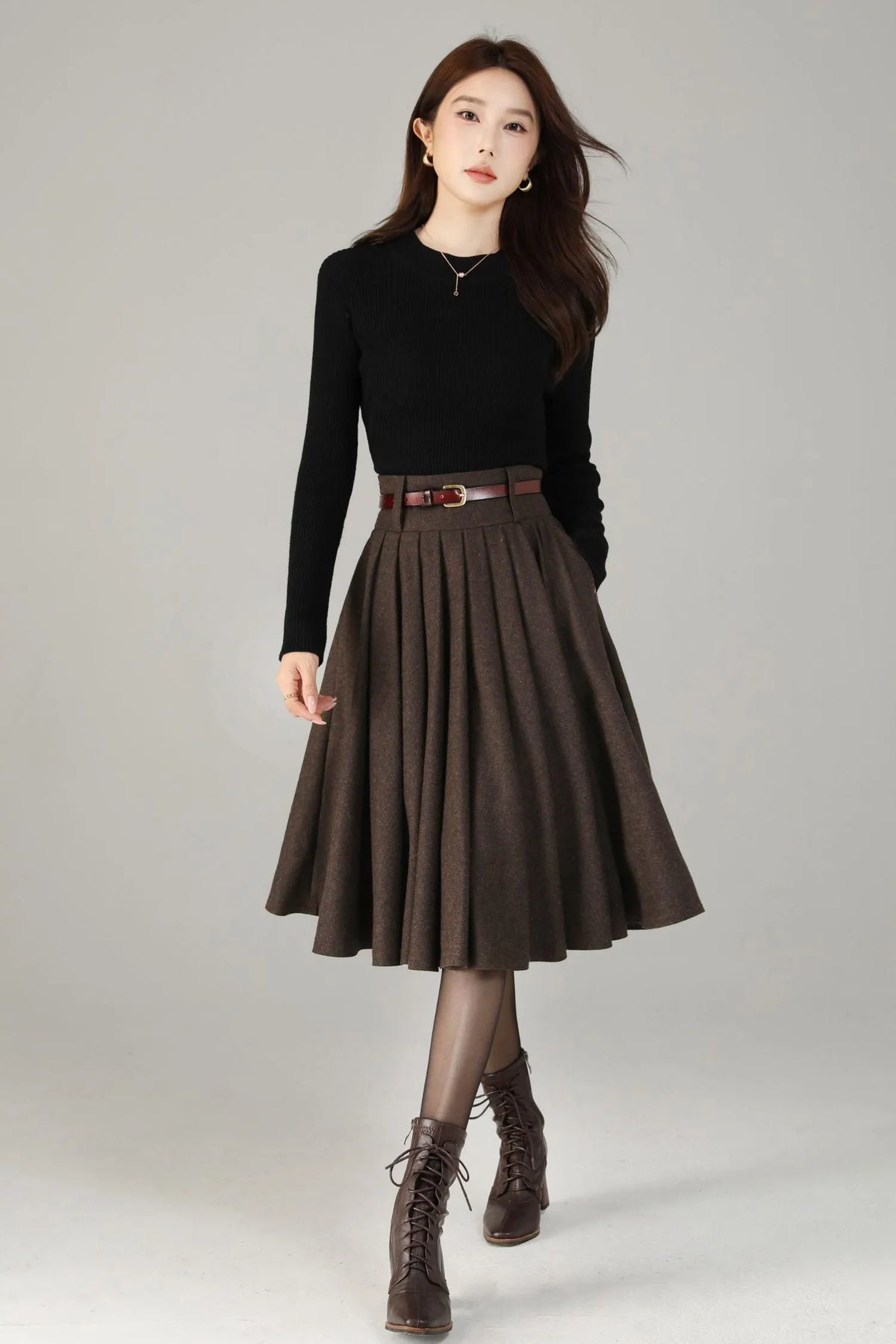 Vintage Wool Blend Circle Skirt – Handmade Knee Length Winter Skirt with Pockets 