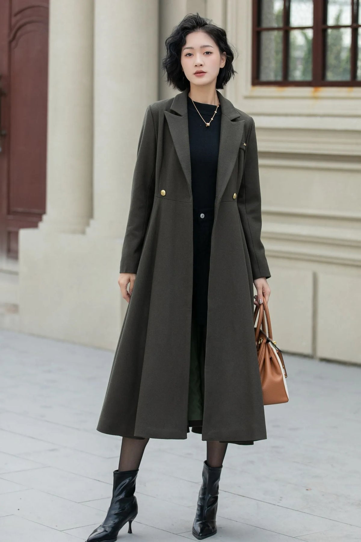 Army Green Wool Fit and Flare Double Breasted Coat - Fitted Waist 5459