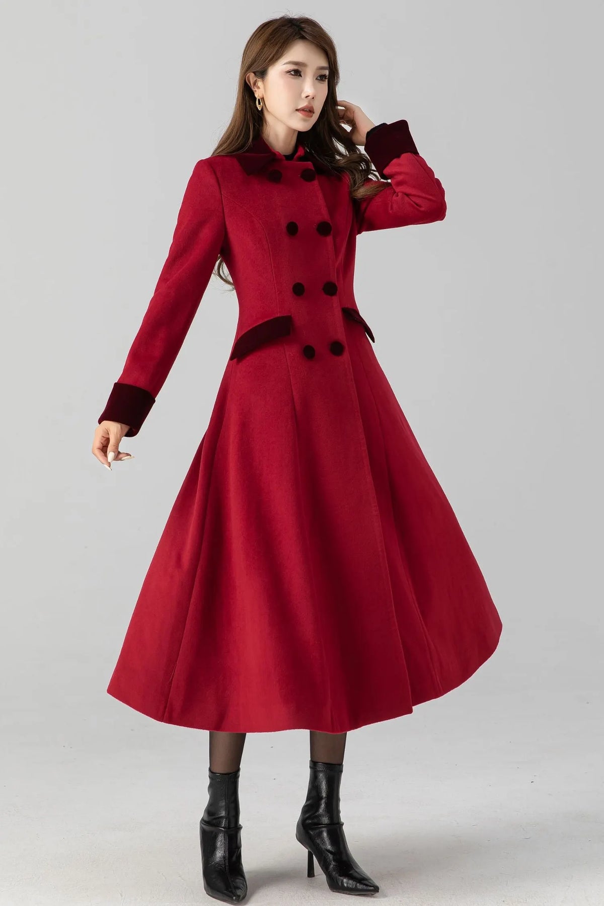 Handmade Vintage Red Wool Coat – A-Line Double Breasted Winter 