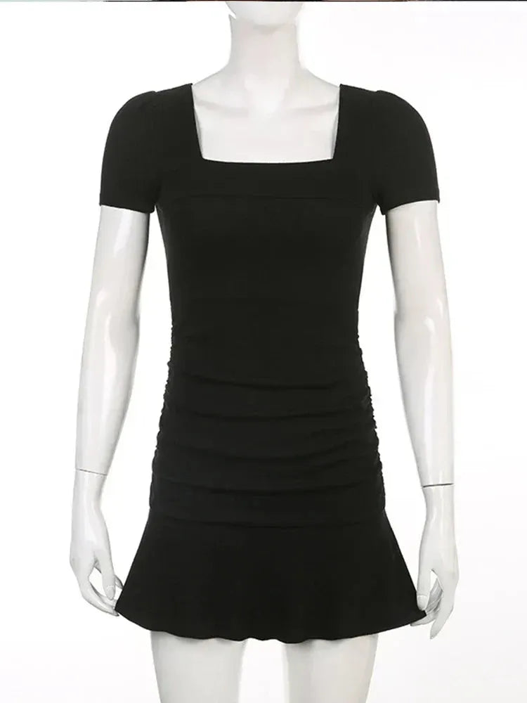 Ribbed Square Collar Casual Ruffles Patchwork Mini Dress