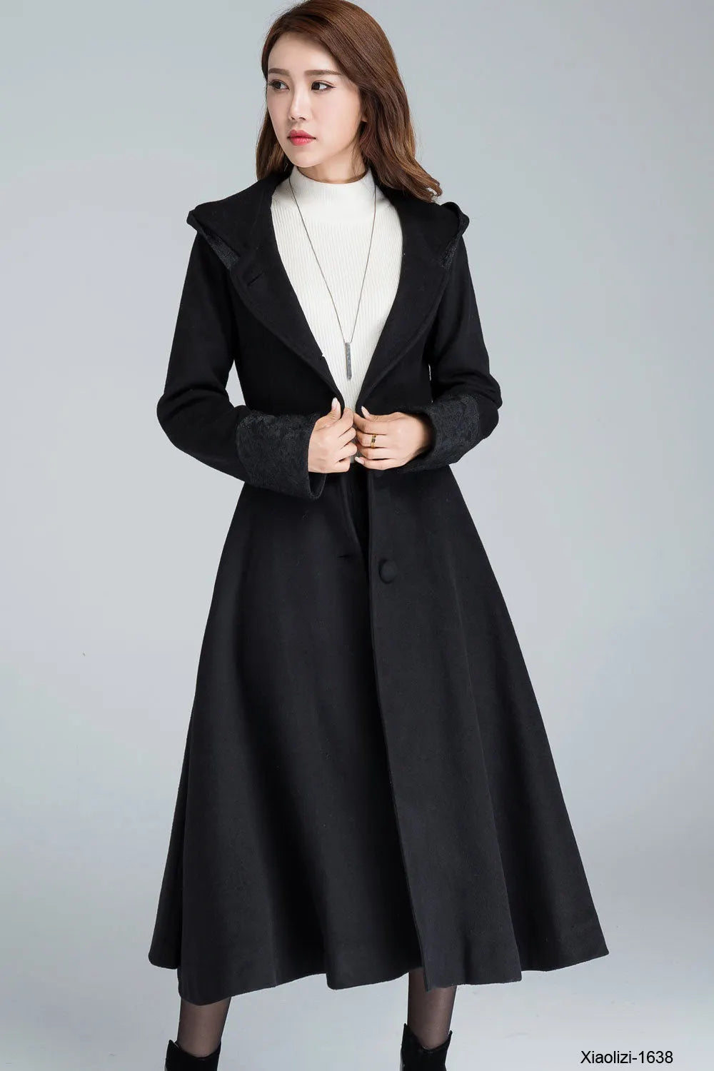 Xiaolizi Black Hooded Wool Coat for Women – Handmade Fit-and-Flare Winter Coat with Belt 1638