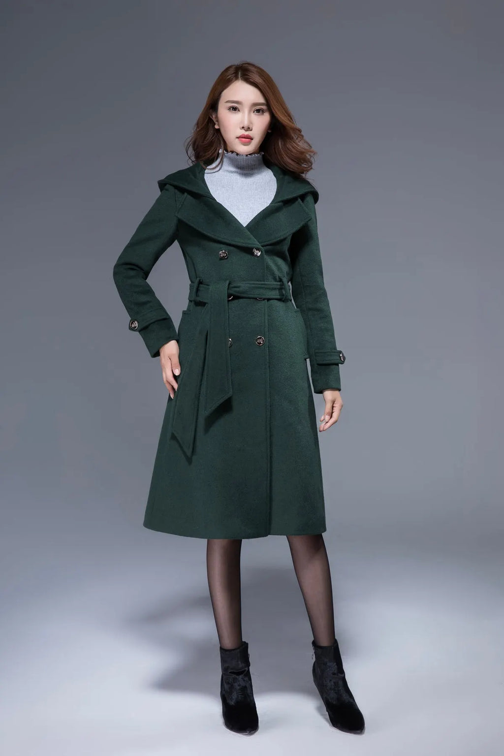 Vintage Wool Coat for Women – Handmade Green Double Breasted Hooded Belted Winter Coat 