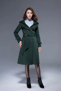 Vintage Wool Coat for Women – Handmade Green Double Breasted Hooded Belted Winter Coat 