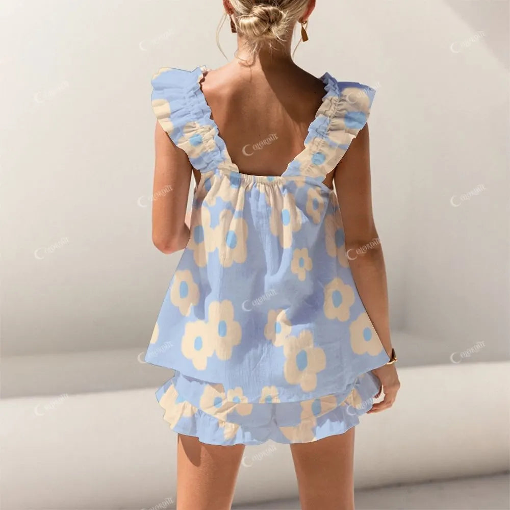Colordate Yellow Floral Print Short Tank Top Shorts Pajama Set