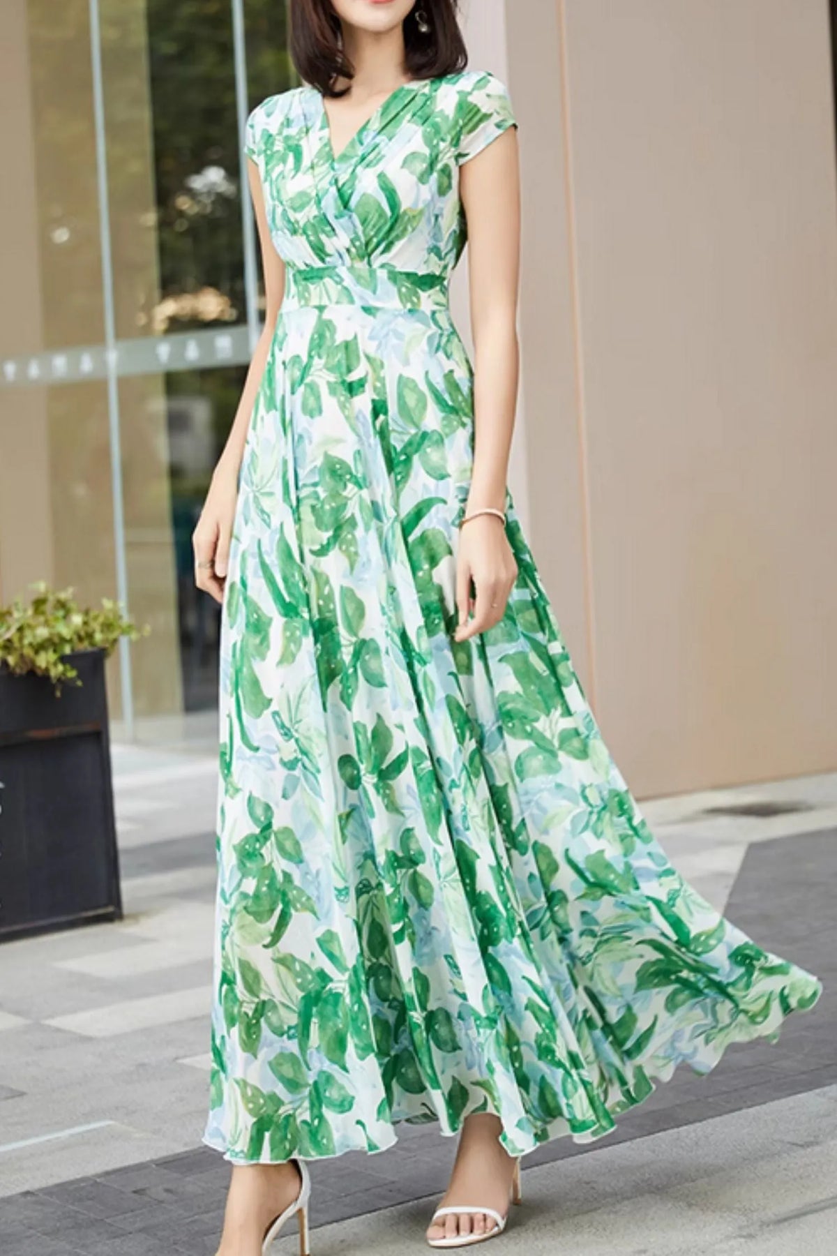 Green Printed Chiffon Maxi Dress - V Neck, Cape Sleeves 5004