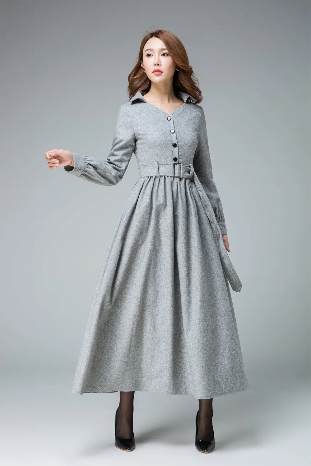 Handmade Light Gray Wool Dress Coat – Elegant Belted V-Neck Winter Midi Dress 