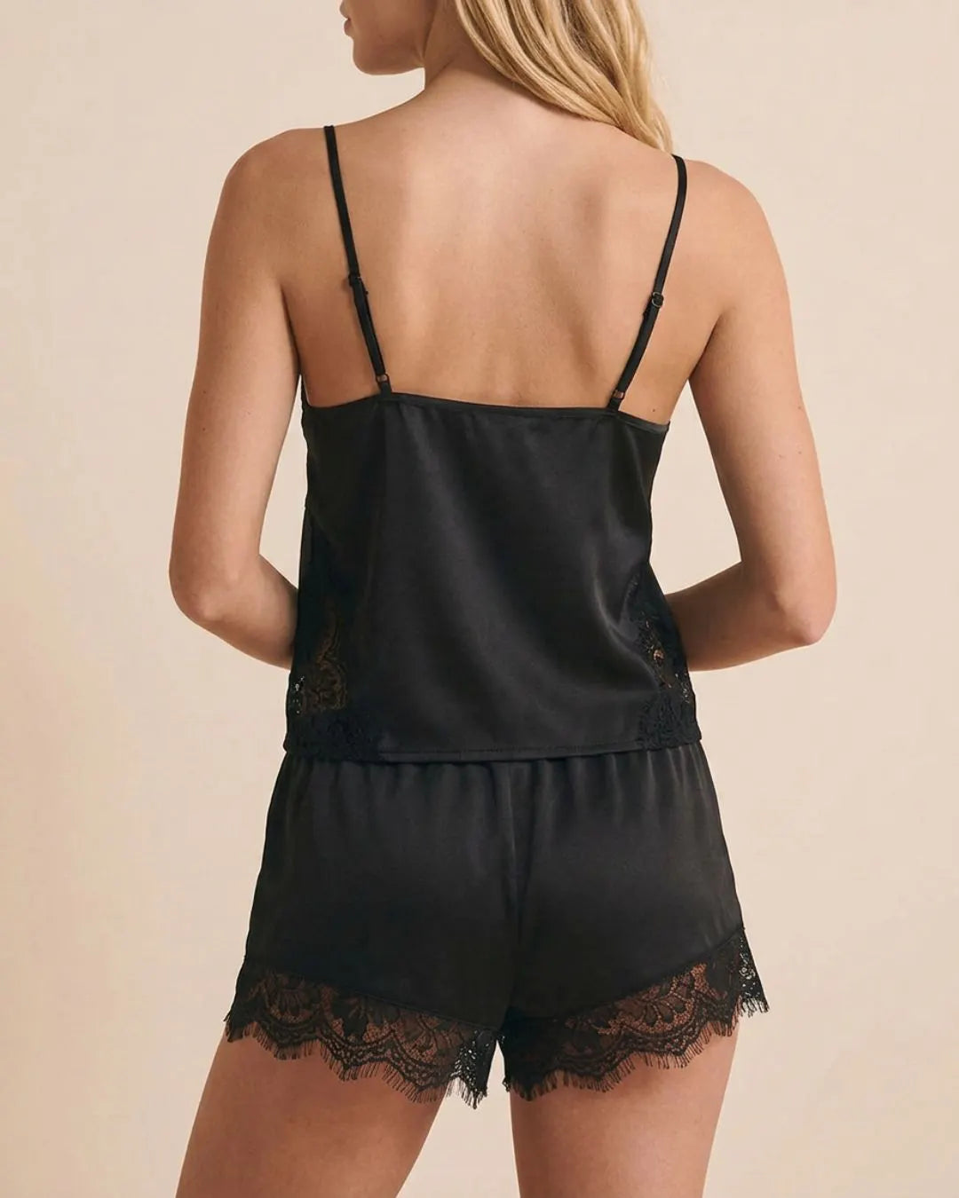 Black Lace Trimmed Short Pajama Set for Women