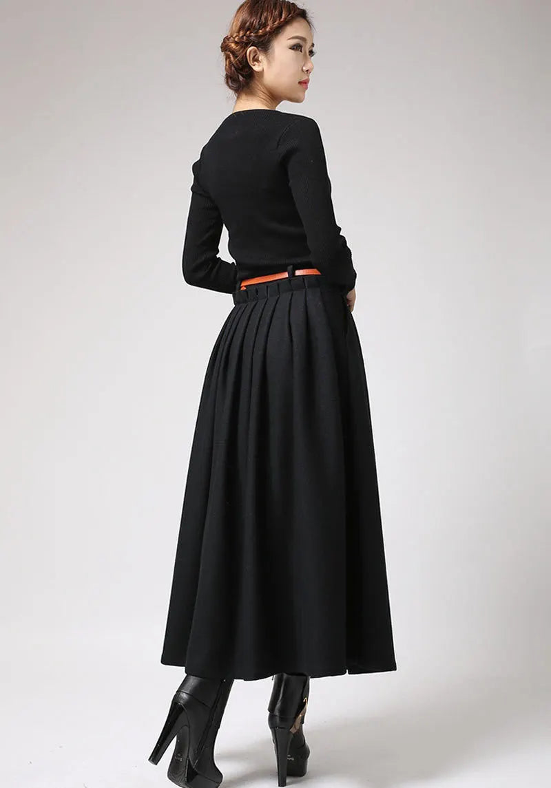 Black Wool Maxi Skirt for Women – Pleated Full-Length Winter Skirt, Handmade 0721