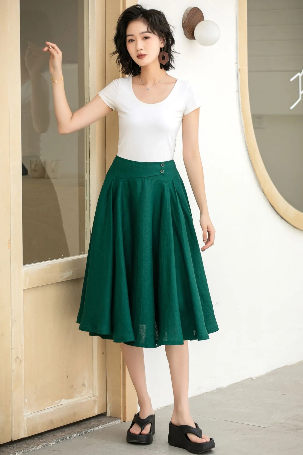Dark Green Linen Midi Skirt - High-Waisted A-Line Flare 5834