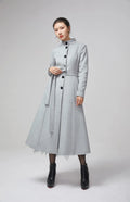 Light Grey Wool Coat – Women’s Vintage Stand Collar Winter Midi Coat with Belt 2205