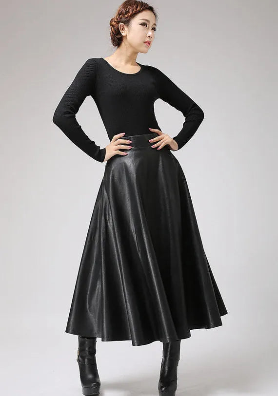 Handmade Black Faux Leather Midi Skirt – Vegan PU A-Line Skirt 