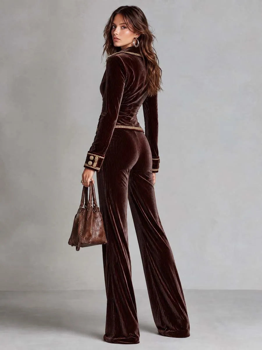 Retro Corduroy Jumpsuit With Gold-trimmed Zip-up Jacket And Flared Trousers