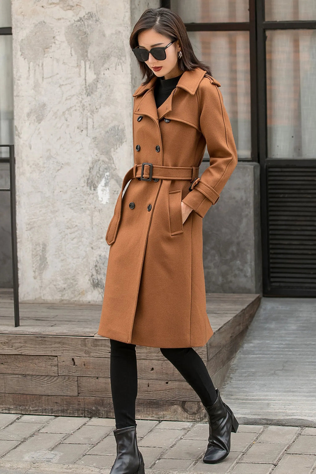 Camel Wool Coat - Double Breasted Belted Straight Silhouette 2840