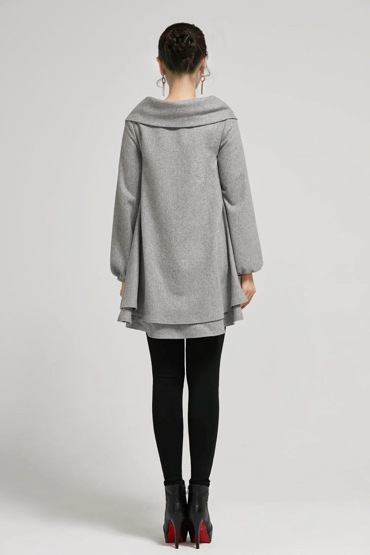 Grey Wool Tunic Dress - Asymmetric Collar & Oversized Silhouette 2310