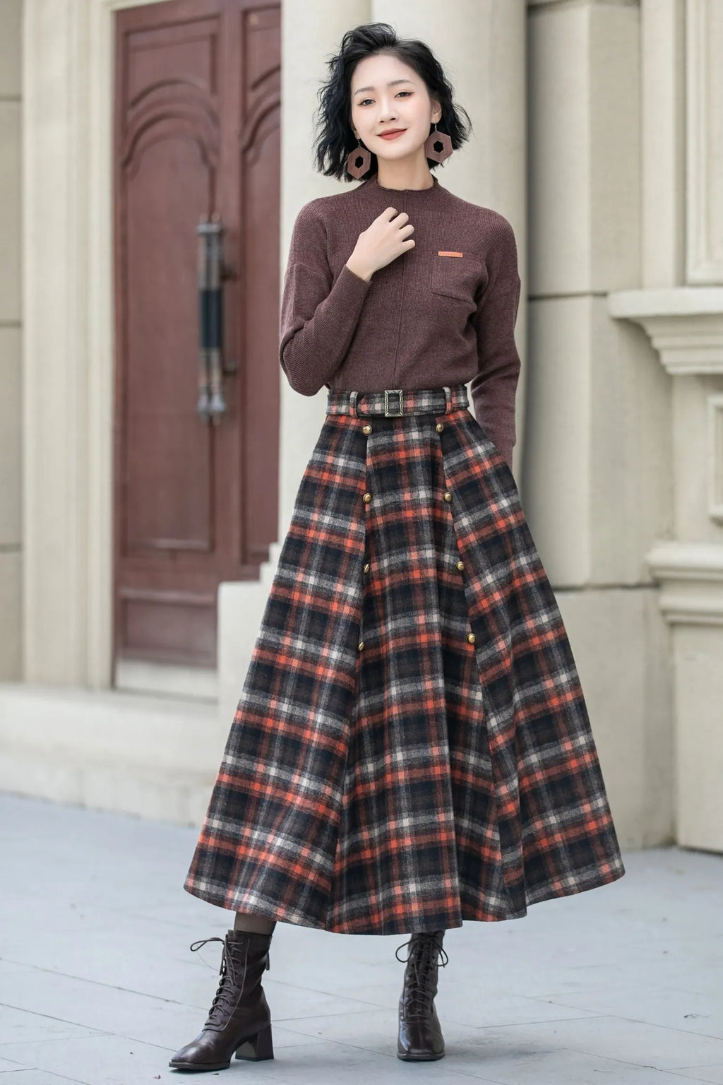 Plaid Wool Midi Skirt - A-Line Silhouette with Belt Waist 5355