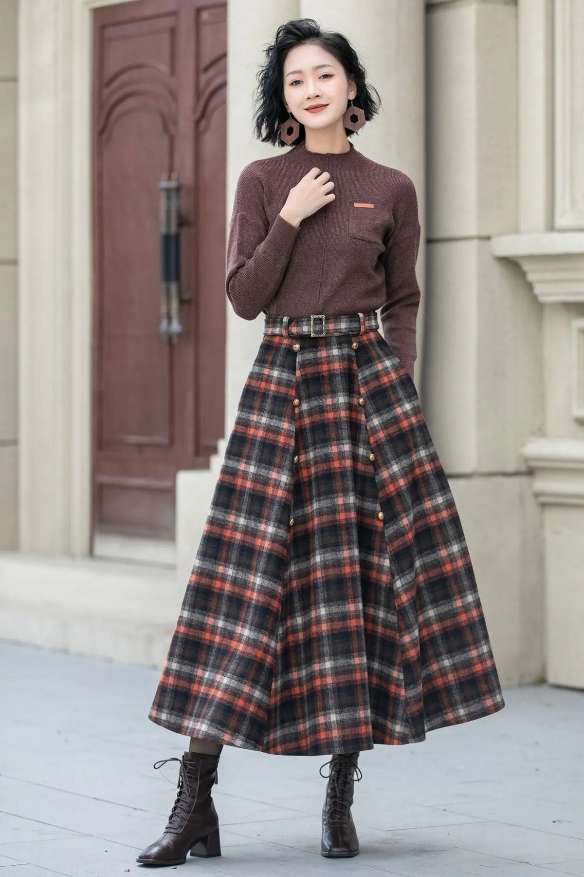 Plaid Wool Midi Skirt - A-Line Silhouette with Belt Waist 5355