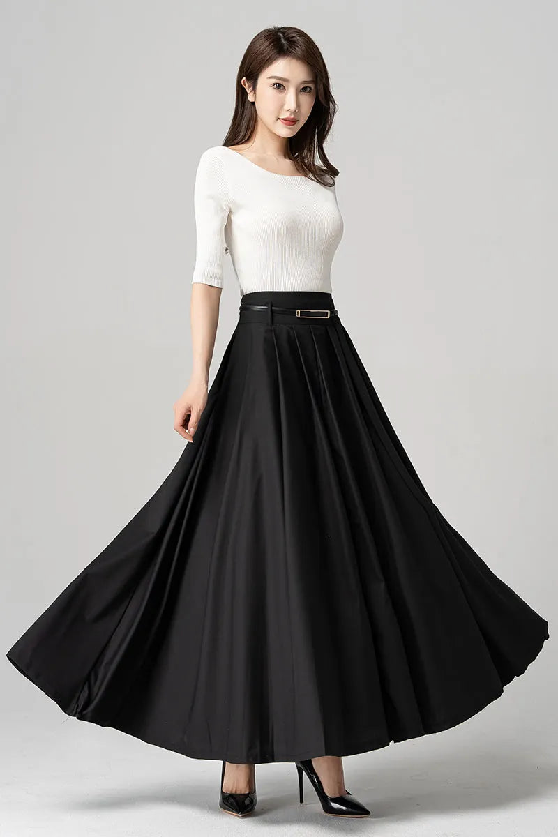 Black Polyester Pleated Maxi Skirt - Flowy Ankle Length 4189