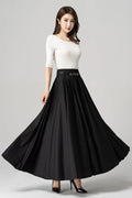 Black Polyester Pleated Maxi Skirt - Flowy Ankle Length 4189