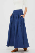Blue Linen Maxi Skirt - Handmade Pleated Waist with Pockets 2086