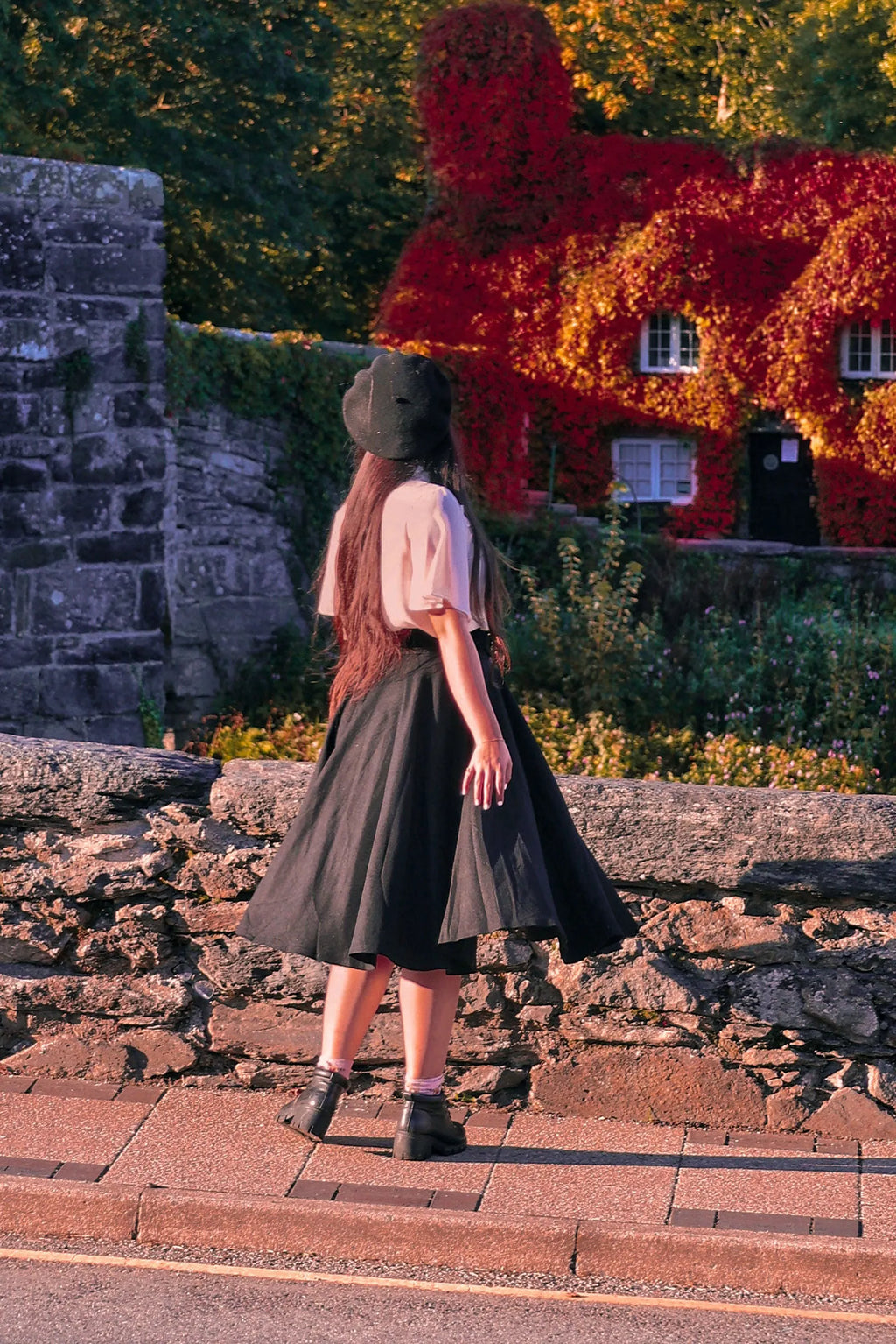 Black Wool Knee Length Circle Skirt - High Waist Vintage Flair 3156