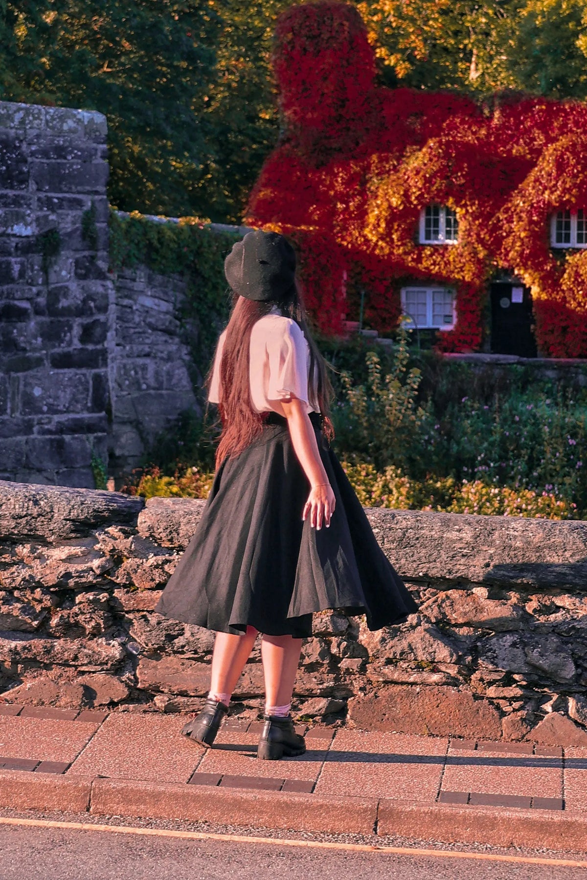 Black Wool Knee Length Circle Skirt - High Waist Vintage Flair 3156