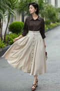 Beige Linen Midi Skirt – High Waist A-Line Button Front Skirt 6666 -Size xs #CK2600002