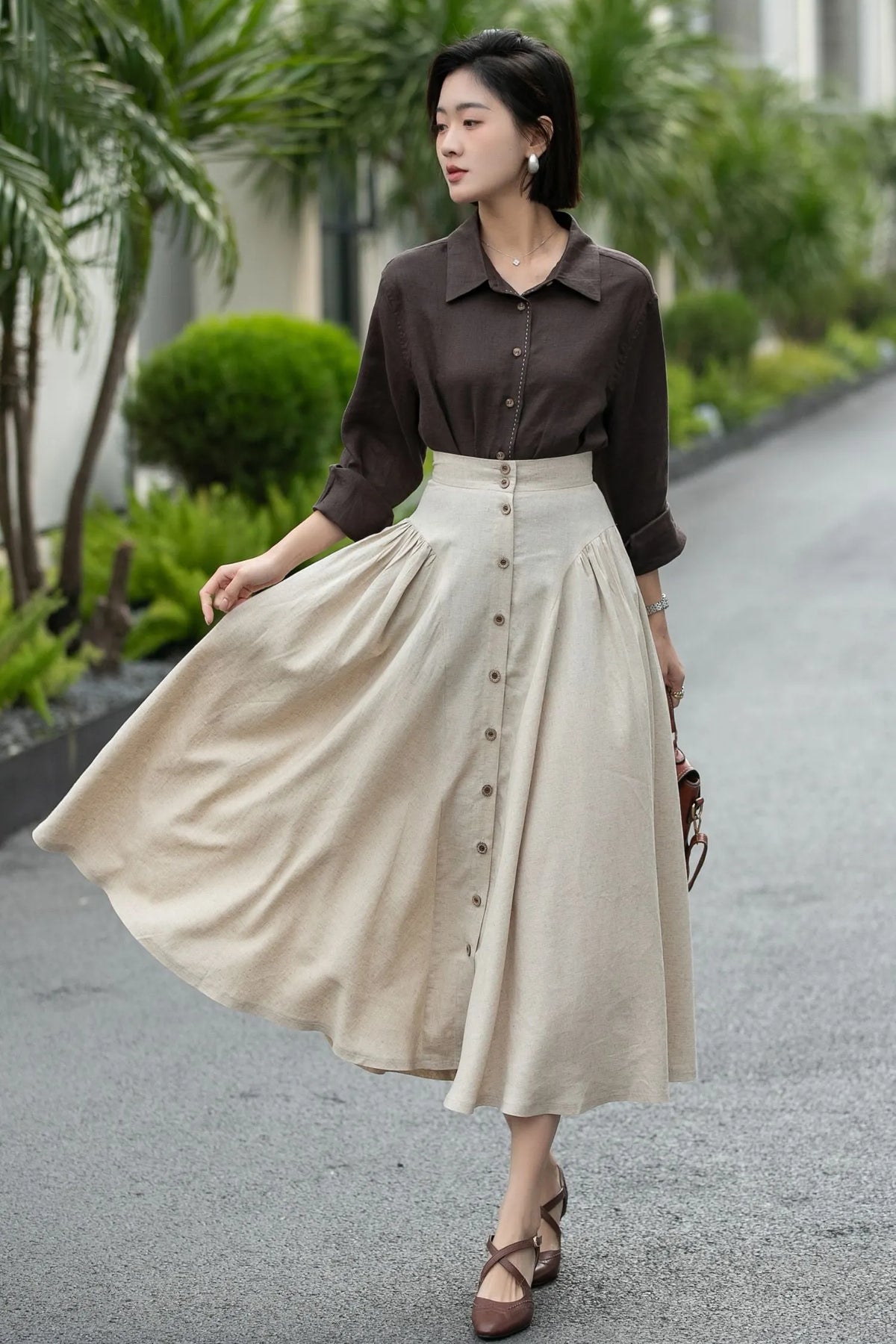 Beige Linen Midi Skirt – High Waist A-Line Button Front Skirt 6666 -Size xs #CK2600002
