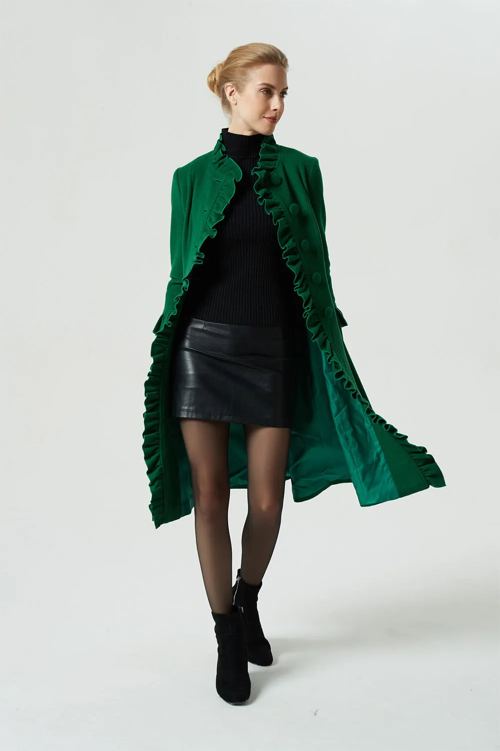 Women’s Green Wool Blend Coat with Ruffled Trim – Vintage Winter Coat 