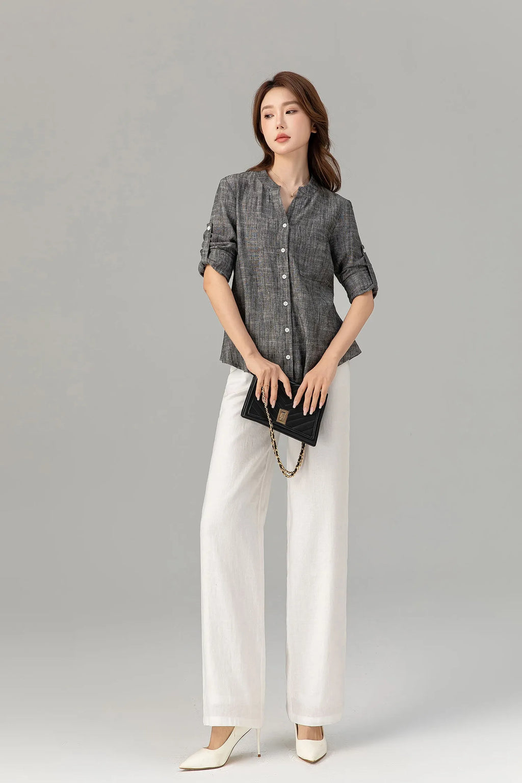Charcoal Linen Blouse - Button-Down, Long Sleeve, Loose Fit 4915