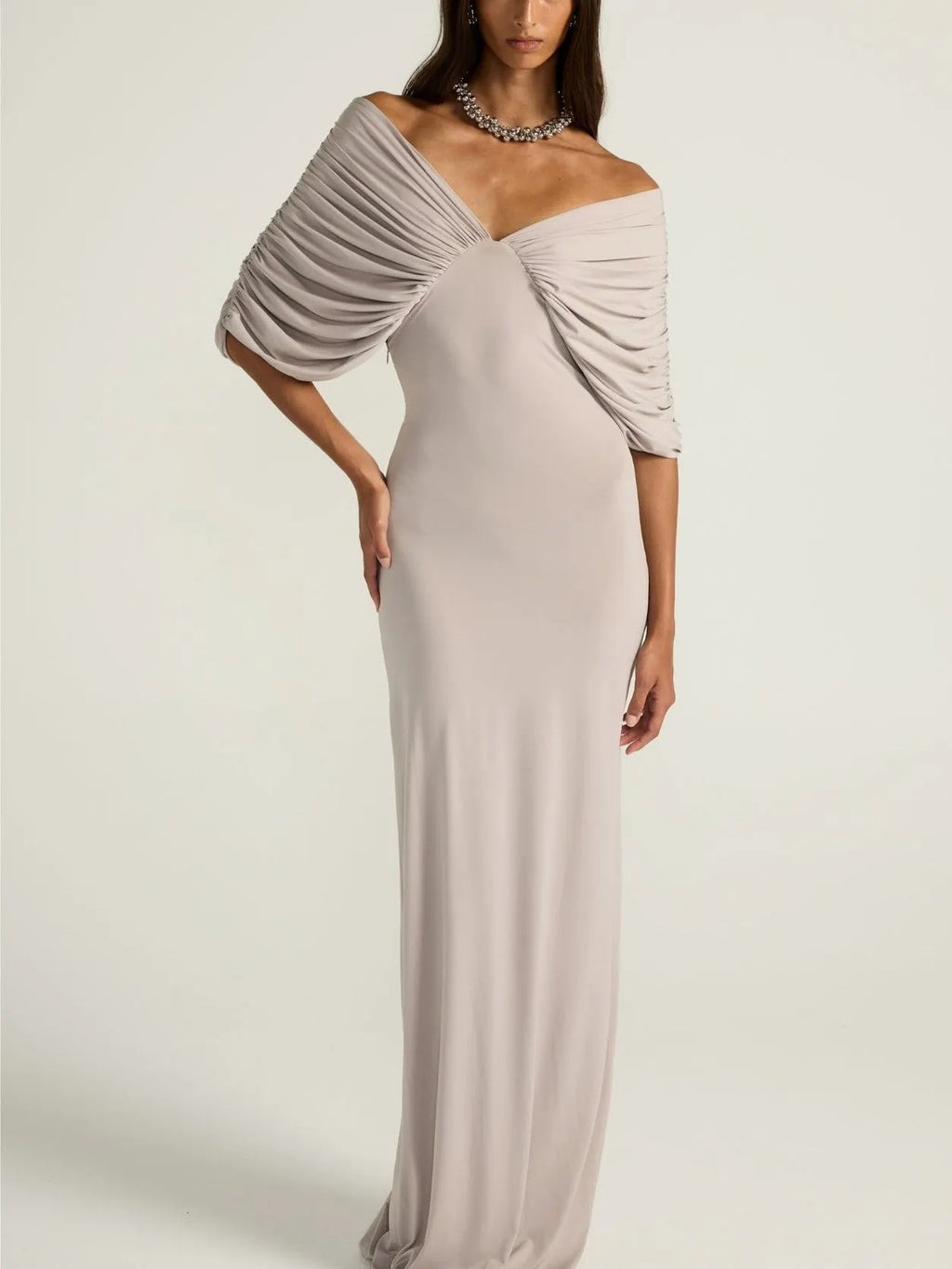 Grey Draped Off-Shoulder Maxi Dress
