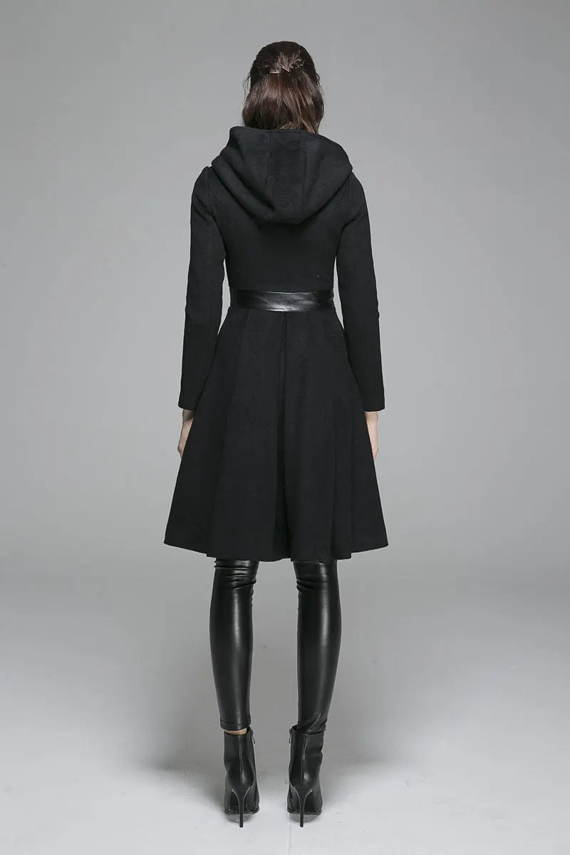 Black Wool Hooded Winter Coat – Handmade Retro Zipper Jacket 1361