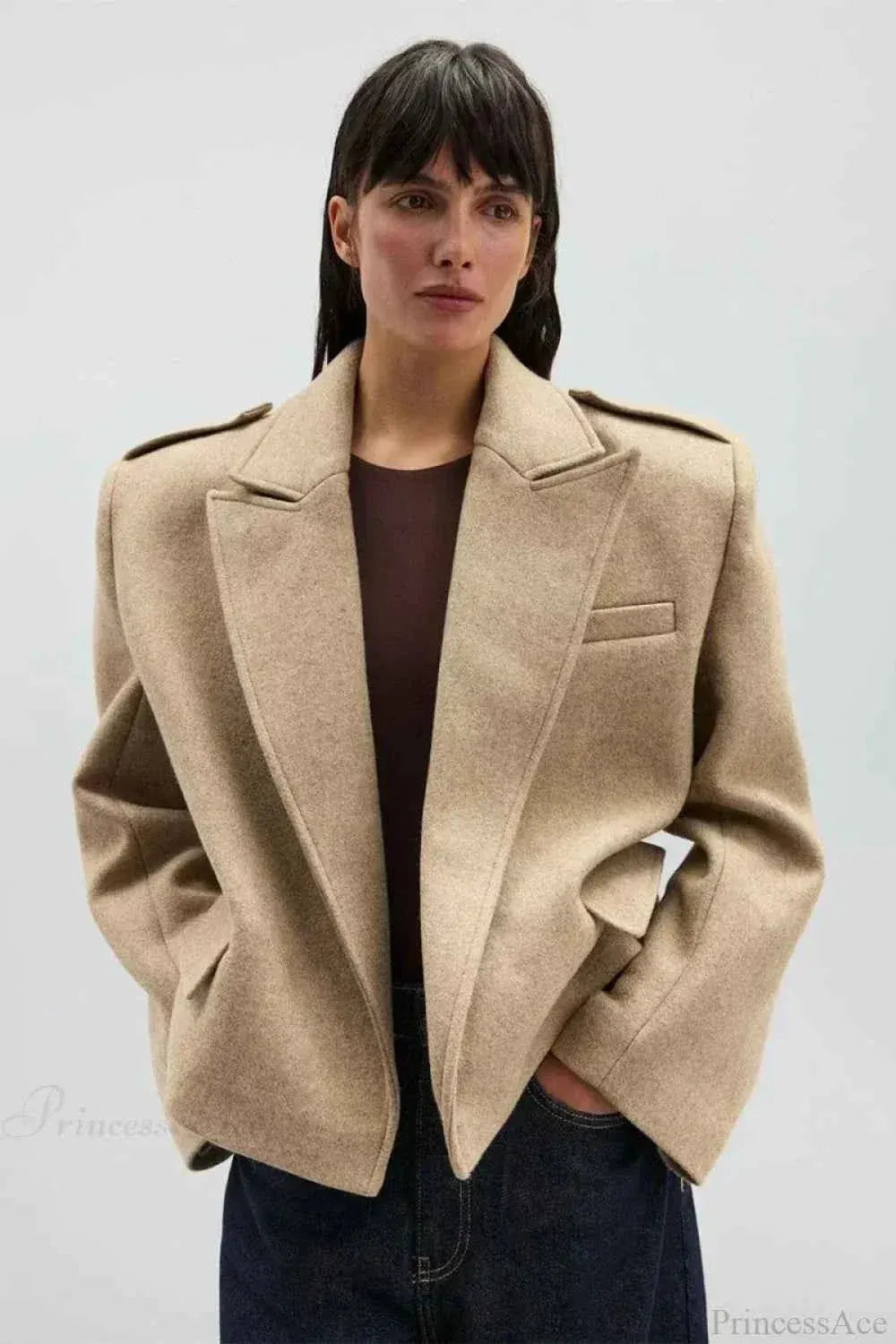 Structured Coat with Lapel Collar and Accentuated Shoulders