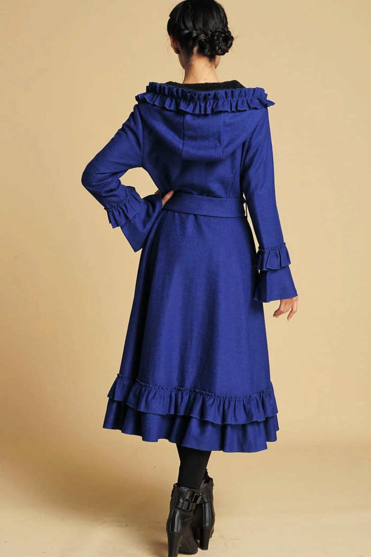 Royal Blue Wool Maxi Coat – Hooded Winter Overcoat with Ruffle Hem 380