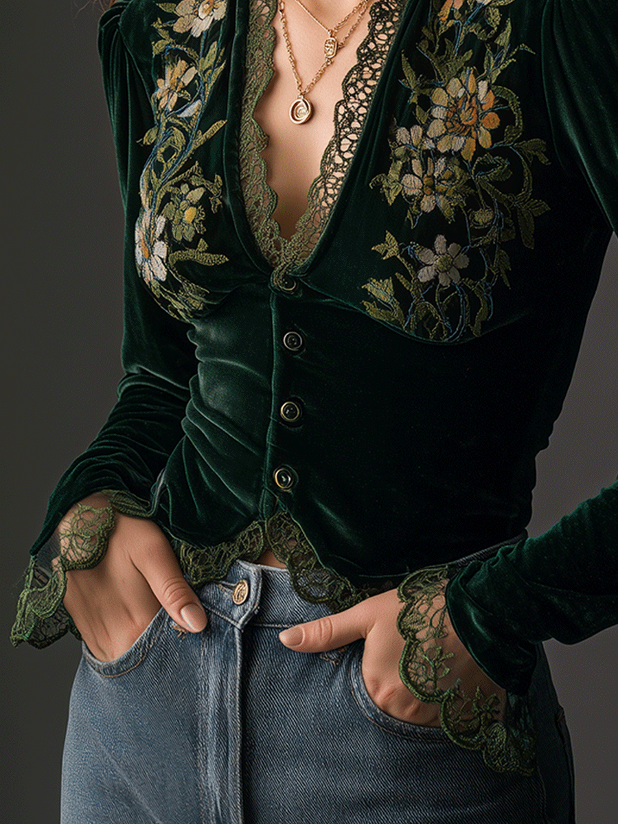 Floral Embroidered Velvet Shirt