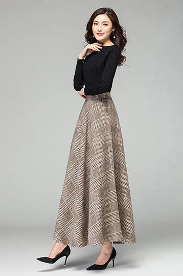 Plaid Wool A-Line Maxi Skirt - Elastic Waist, Fully Lined 3926