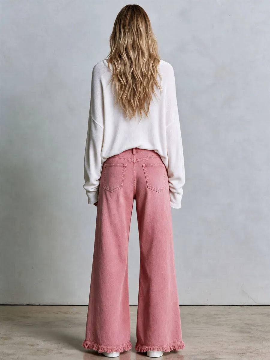 Vintage Button-down Washed Pink Flared Frayed Jeans